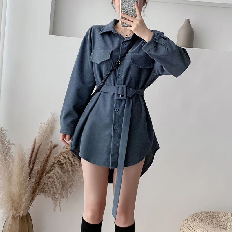 Online Mozuleva 2020 Frühling Blusen Langarm einreiher Schärpen Frauen Shirts Tops Revers Tasche Weibliche Cord Blusen Shirts