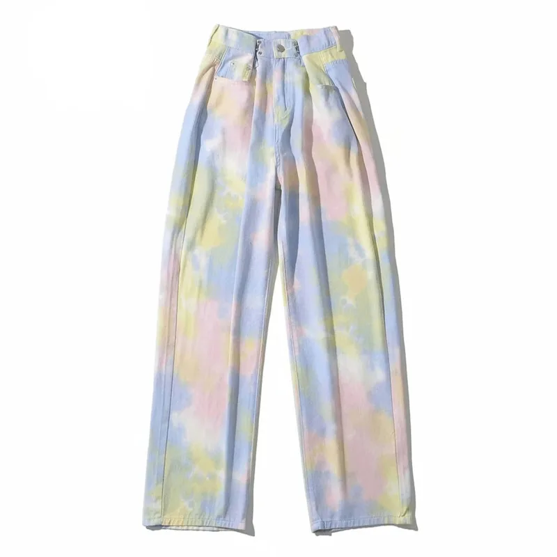 Модные джинсы Tie Dye женские осенние 2022 новые свободные прямые джинсовые брюки с
