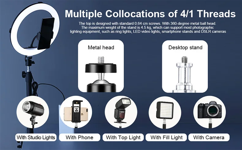 LP09 Tabletop Light Stand Clip Stand with 1/4 Screw for LED Ring Light Adjustabl