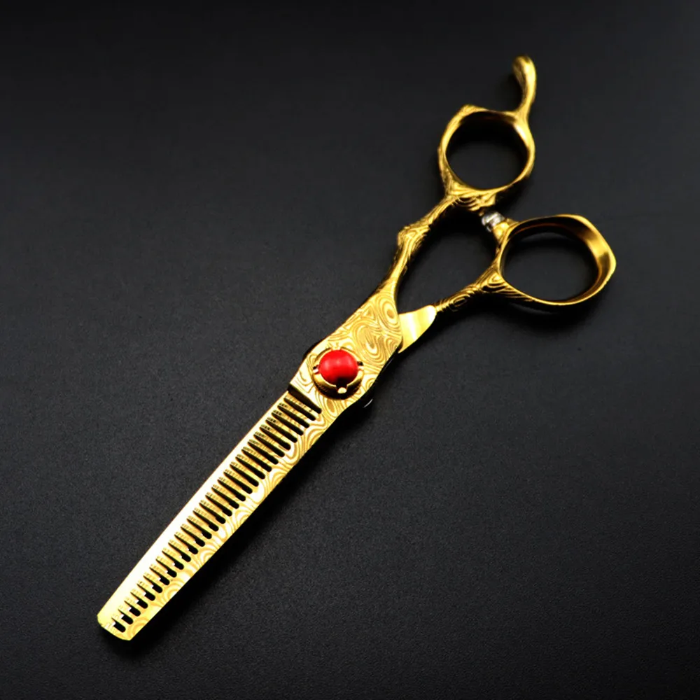 Professionelle 6-Zoll-Schere für gehobene Gold-Damast-Haarschneideschere, Haarschnitt, Ausdünnung, Friseurwerkzeuge, Schnittschere, Friseurschere – Detail 5