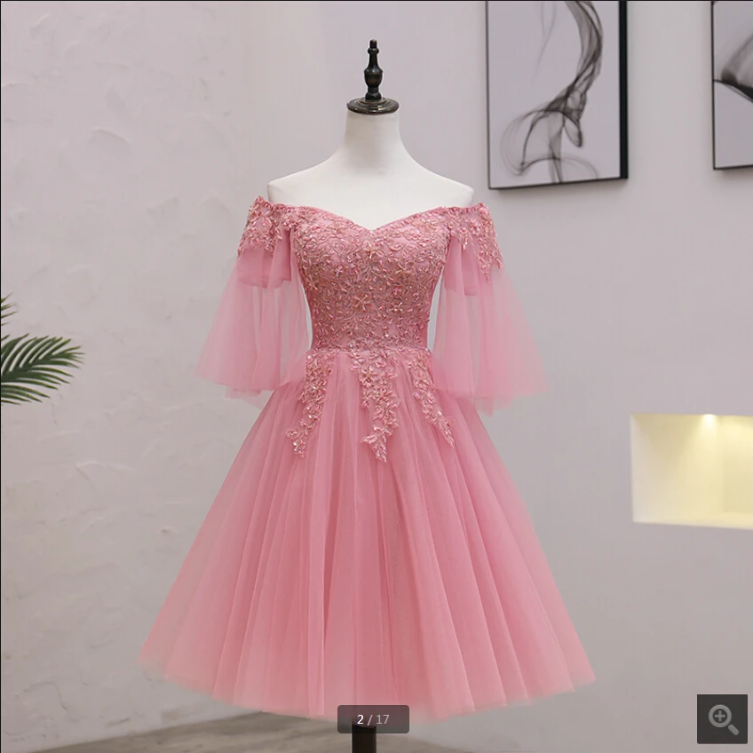 

2019 new arrival pink tulle short a line prom dresses lace appliques beaded crystals informal v neck half sleeve prom gowns