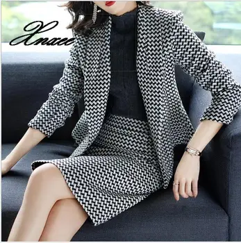 

Xnxee Wool Blend Elegant OL Sets Women's Plaid Suit Blazer Coat + Package Hip Skirt Two Pieces Set