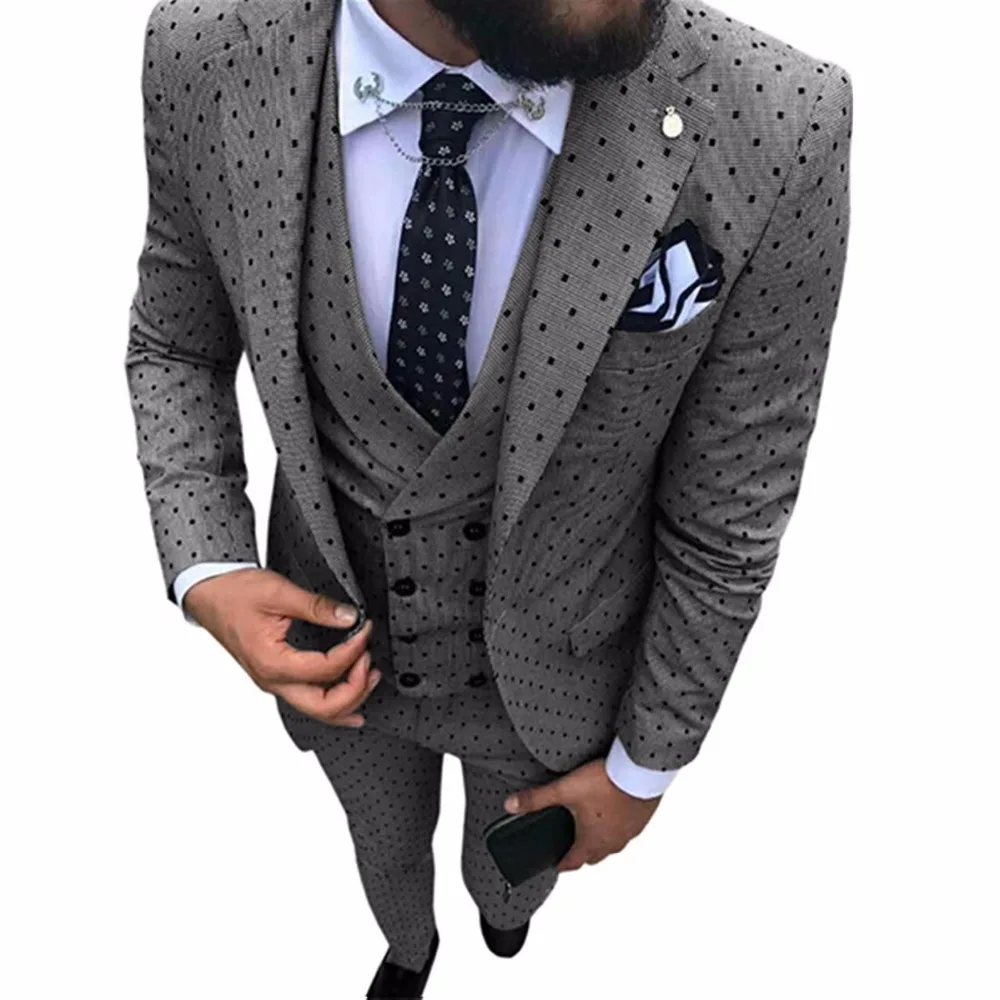 Мужской костюм Poika в горошек, 3 предмета, новейший дизайн пальто, брюки, смокинги с отворотом, Женихи, мужские свадебные/вечерние(Блейзер+ жилет+ брюки - Цвет: Dark Grey