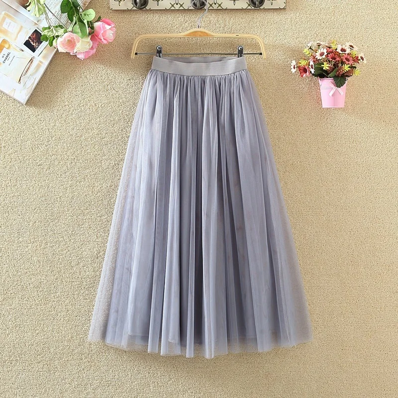 

Mid-length summer mesh gauze skirt 2020 ladies casual solid color high waist slimming all-match pleated half-life skirt women