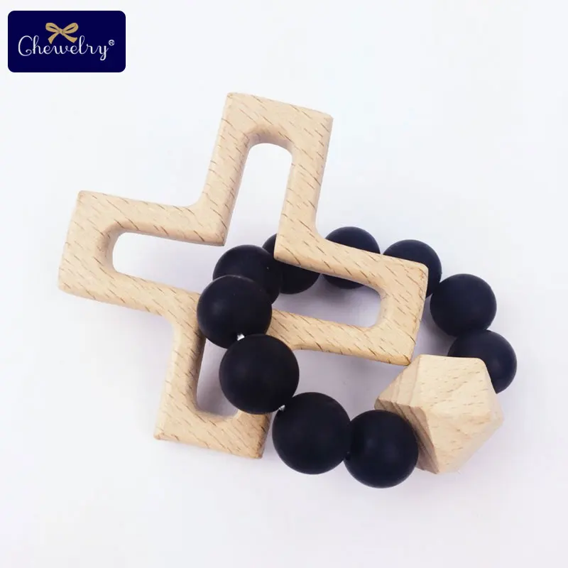 CHELWRY 1PC Baby Silicone Teether Cross Bracelet Beads Wooden Pandent Rodent Bead Rattles For Children Product BPA Free | Мать и ребенок