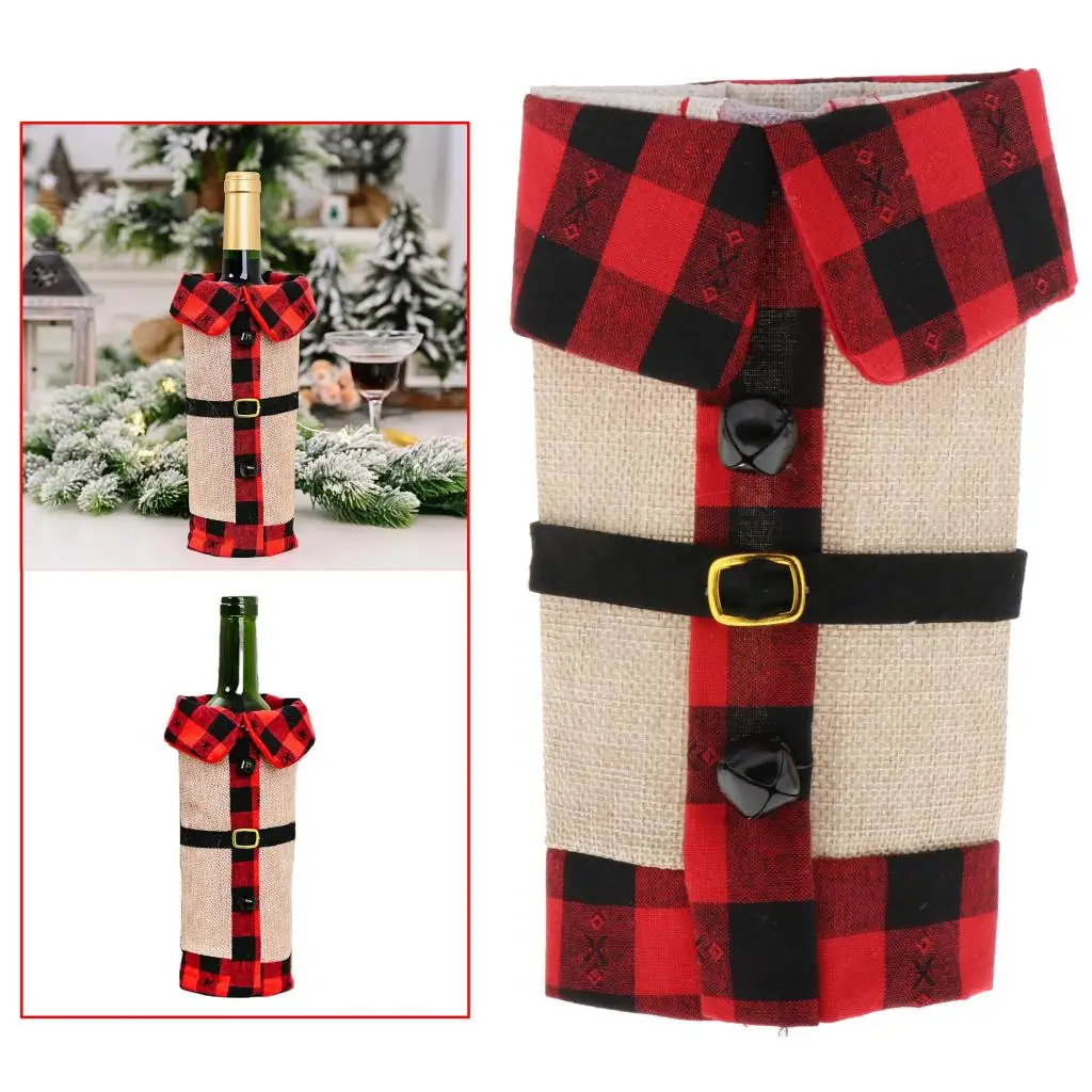 Christmas Red Grid Wine Bottle Cover, can Replace Hanging Wine Labels and Wine Licenses, Xmas Festival Party Gift Table Decor