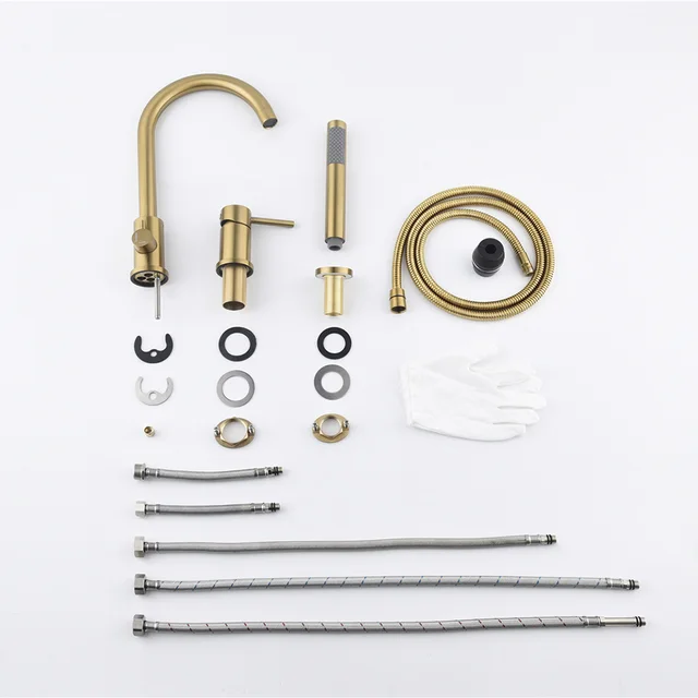 3หลุม Deck Mount อ่างอาบน้ำก๊อกน้ำ100% ทองเหลืองดึงออกก๊อกน้ำอ่างอาบน้ำร้อนและเย็น Water Tap 6