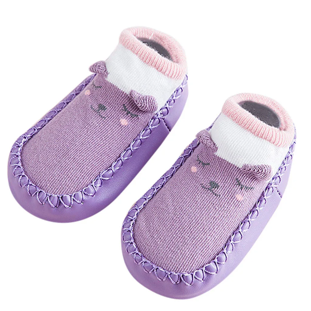 Теплые тапочки для новорожденных мальчиков и девочек; сезон весна-осень-зима; Нескользящие тапочки; носки-тапочки на резиновой подошве - Цвет: Purple