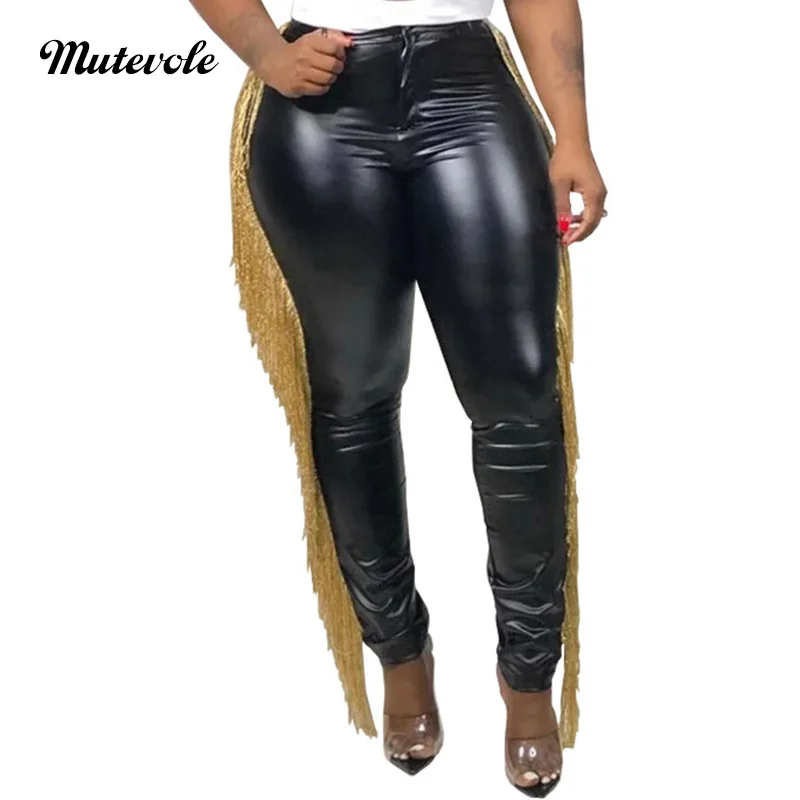 Женские брюки из ПУ кожи с бахромой и кисточками | Женская одежда