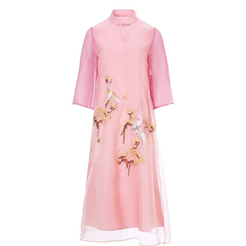 Платье из органзы весеннее Брендовое женское платье в китайском стиле с цветочной вышивкой и милыми птицами 3/4 рукав до середины икры розовое желтое платье размера плюс