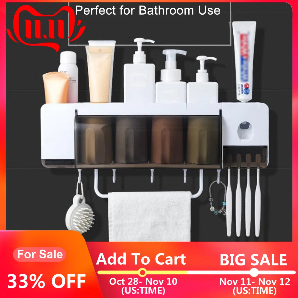 

Automatic Toothpaste Dispenser Wall-mounted Toothbrush Holder Storage Rack Organizer Towel Holder with 2/3/4 Cups Bathroom