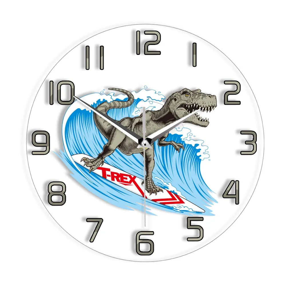 T-Rex Dinosaur Surfer Ride The Wave Orologio Da Parete Con Stampa Decorativa Simpatico Dino Surfer Tyrannosaurus Su Tavola Da Surf Orologio Da Arredam