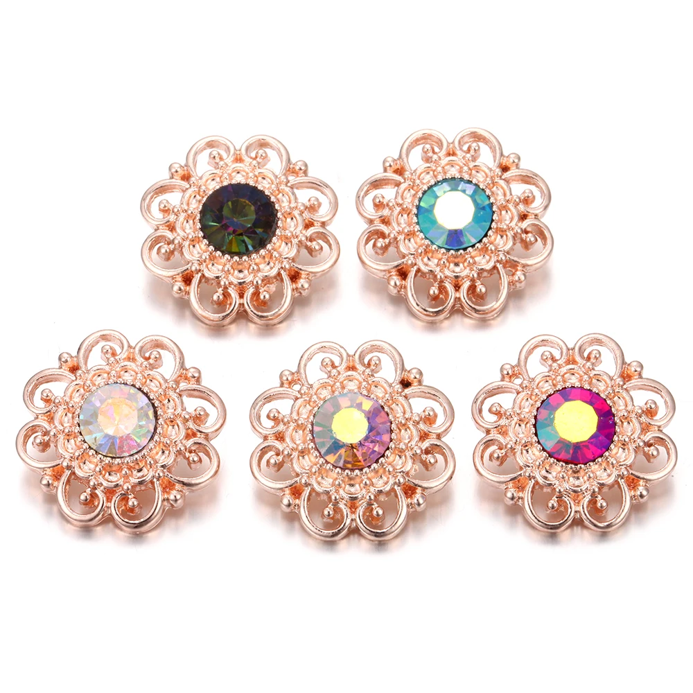 6pcs/lot New Snap Jewelry Lot Rose Gold Metal Crystal Rhinestone 18mm Flower Buttons Fit Button Bracelet Charm | Украшения и