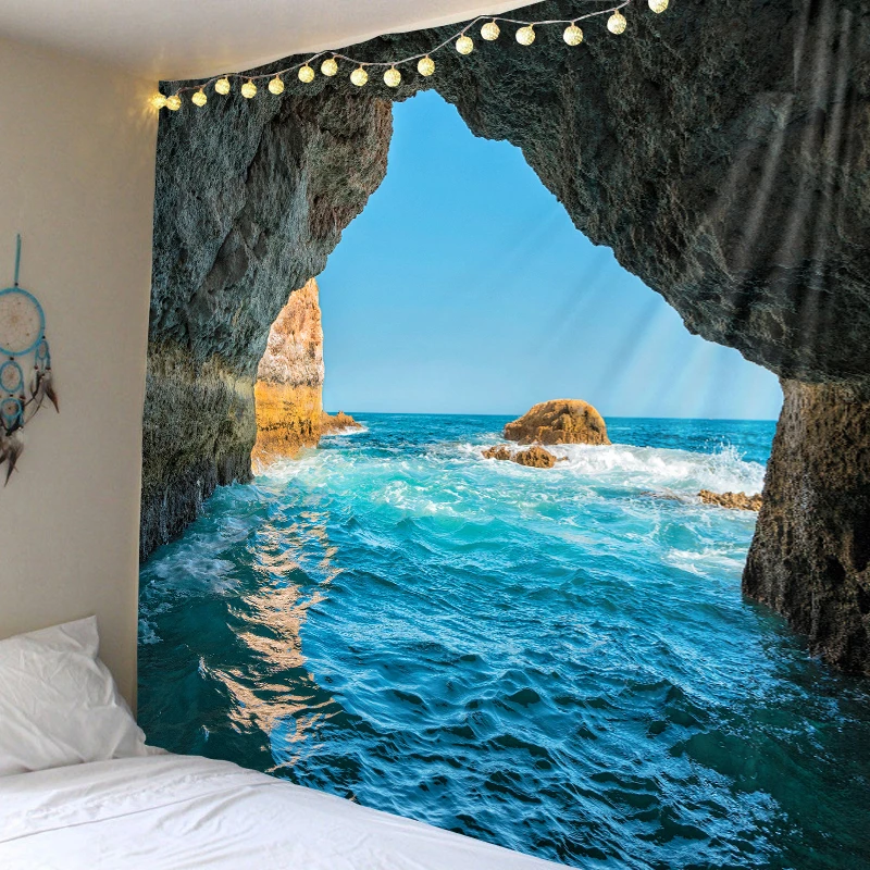 

Indian Mandala Tapestry Wall Hanging Cave Blue Sea View Sandy Beach Throw Rug Tent Travel Mattress Sleeping Pad Mandala Tapestry