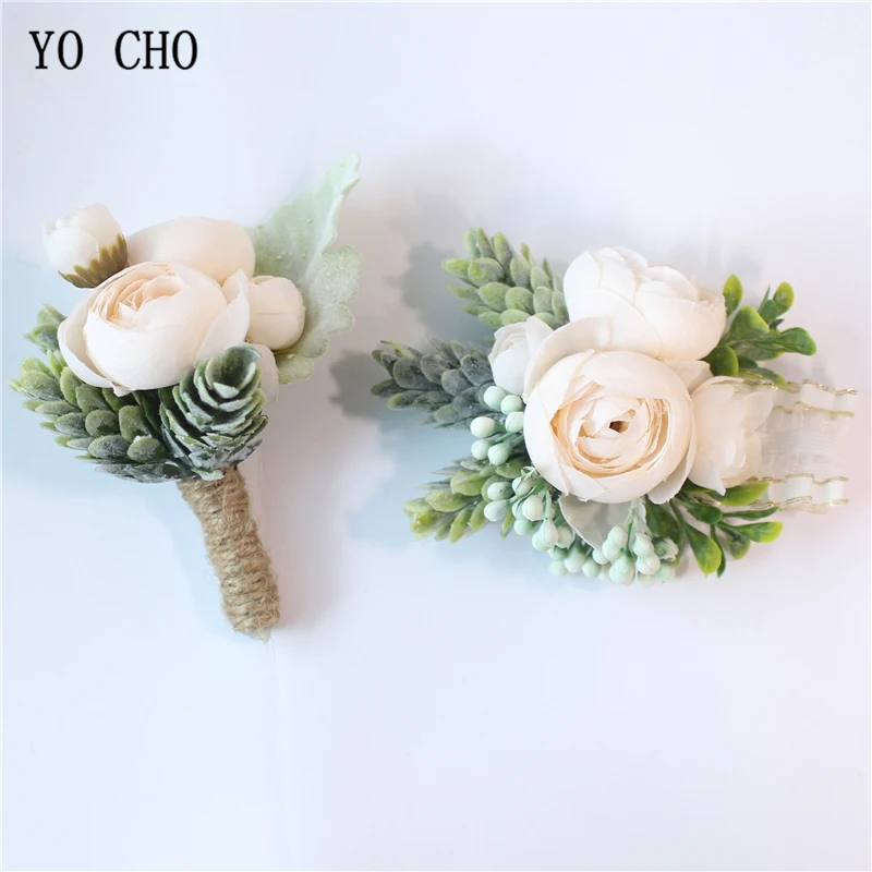 Yo Cho Fiore All'Occhiello Dello Sposo Corpetto Da Sposa Polso Corsage Rosa Braccialetto Rosa Arancione Di Seta Artificiale Sasanqua Fiore Forniture D