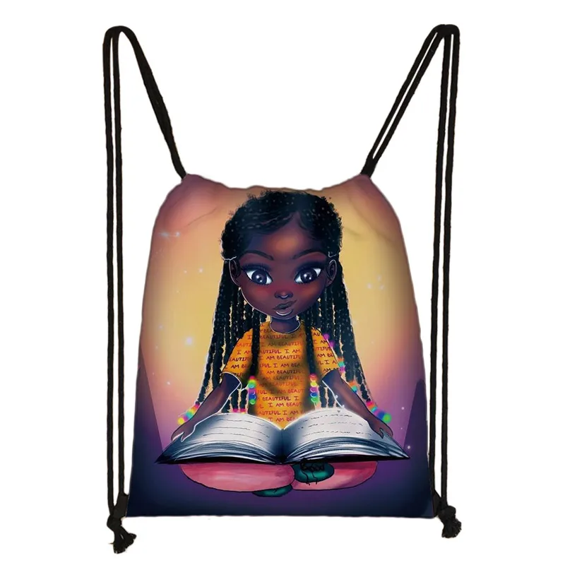 Милый мультфильм афро Девушки drawstring Сумка Черный Коричневый женская сумка для хранения леди модный рюкзак Африка сумки для девушек для путешествий Подарок