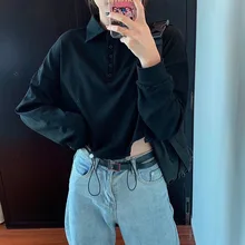 

2021 New Chic Drawstring Stylish High Street Fresh Sweet Female Elegant Casual All Match Loose Short Pullovers Shirts Black Top