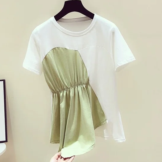 

2020 Spring and Summer New Korean Version T-shirt Women's Irregular Hem Round Neck Short Sleeve T-shirt Casual Tahirt Teea Top