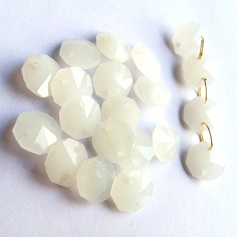 Free Rings) 300pcs Top Quality 14mm Jade White K9 Crystal Octagon Beads in 2 Holes for Sparkle Glass Chandelier Accessories