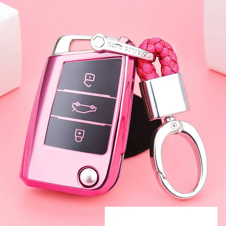 pink with keychain ТПУ Брелок «Обложка» подходит для VW Polo Golf 7 Tiguan для Skoda Octavia Kodiaq Karoq для SEAT Ateca Leon Ibiza - Название цвета: pink with keychain