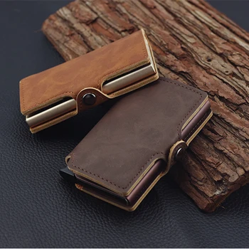 

RFID Business Credit Card Holder Men Multifunction Automatic Aluminium Alloy Leather Cards Case Mini Wallet Slim Coin Purse