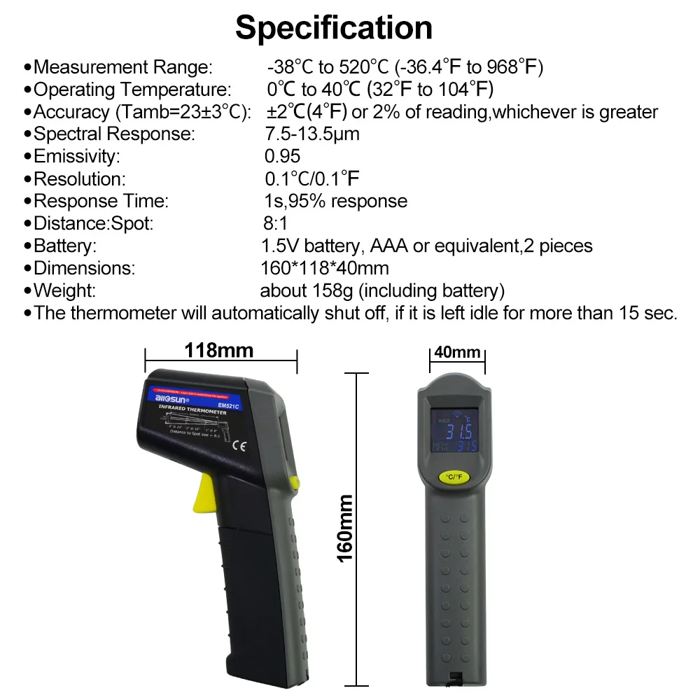 All-sun EM521C Бесконтактный цветной инфракрасный термометр Лазерный излучатель-38~ 520 градусов цифровое измерение 968 градусов по Фаренгейту