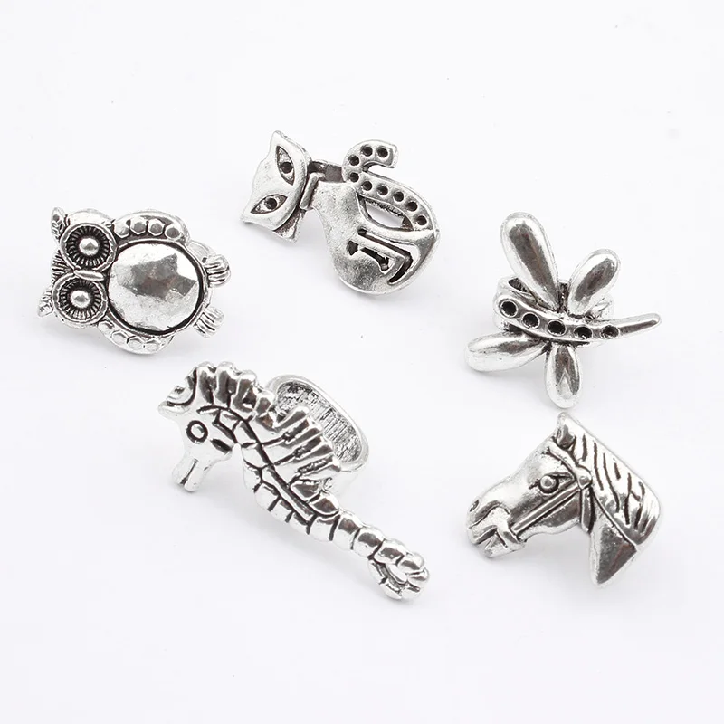 

8Pcs Antique Silver Hole Animal Slider Spacer Owl Cat Seahorse Dragonfly Horsehead Beads For 10*6mm Licorice Leather Cord