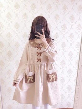 

Japanese soft sister girl bowknot embroidered doll collar cute loose long sleeve dress high waist victorian dress kawaii girl