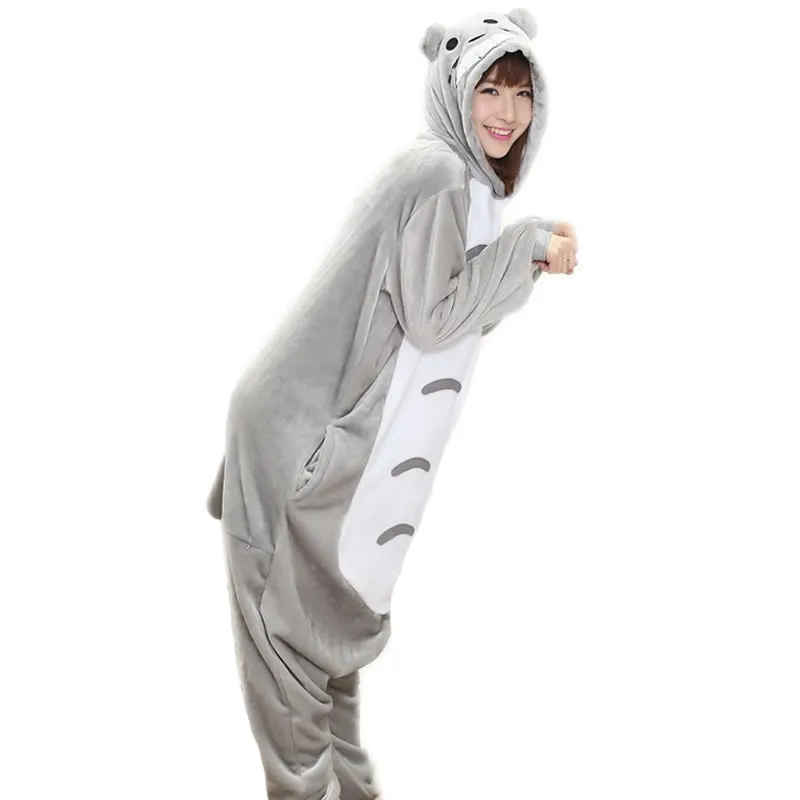 Totoro Пижамы для взрослых, Женская фланелевая одежда для сна, унисекс, милый пижамный комплект с единорогом, стежком, мультяшным животным, Детская Пижама с капюшоном - Цвет: Totoro