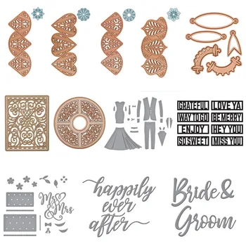 

Background Etched Dies Circlet Heart Wedding Dress Cake Bride Groom words Metal Cutting Dies for DIY Scrapbooking Cards Craft