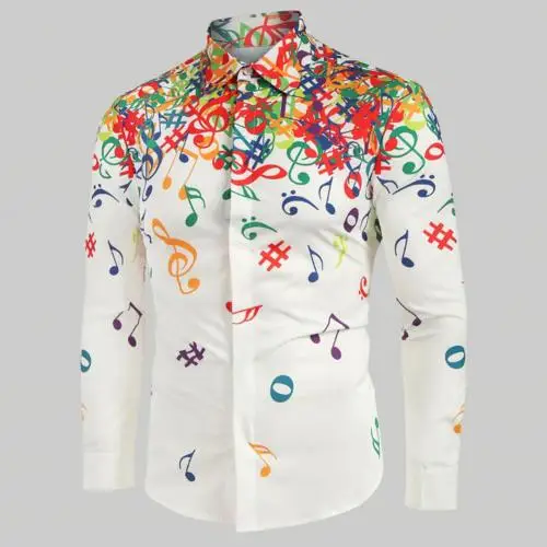 Повседневная мужская Осенняя тонкая рубашка с принтом музыкальных символов с длинным рукавом и пуговицами - Цвет: Белый