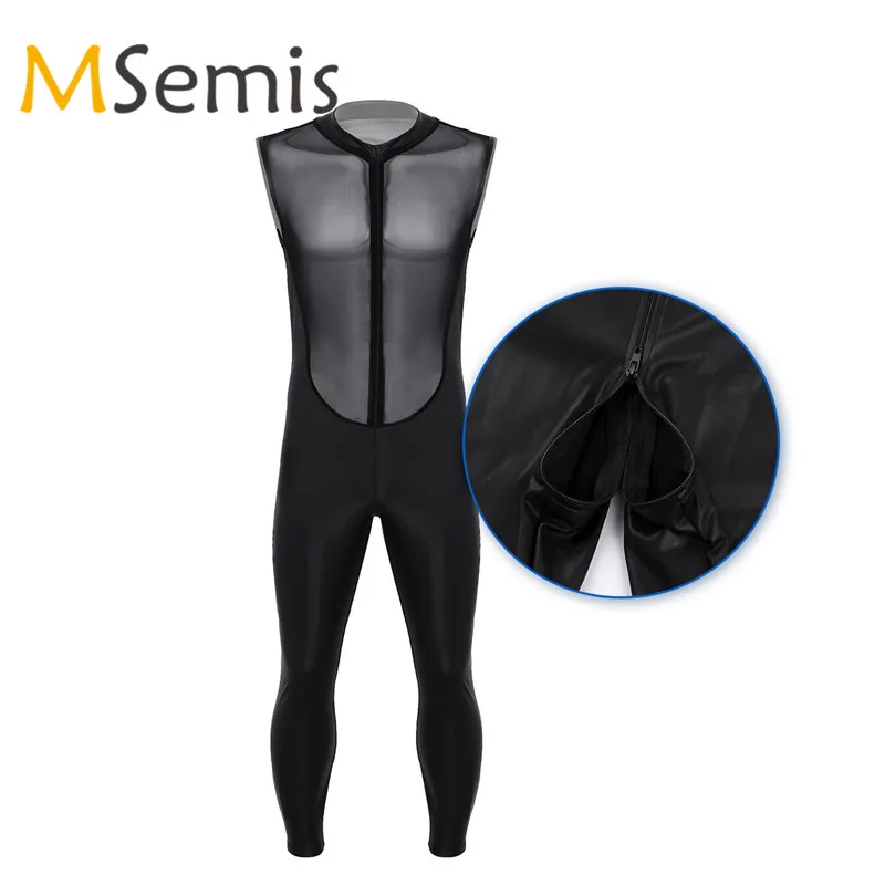 

Mens Leotard Dance Bodysuit Wetlook Leather Sleeveless Sheer Mesh Splice Bodice Double Zipper Male Gymnastics Leotard Bodysuit