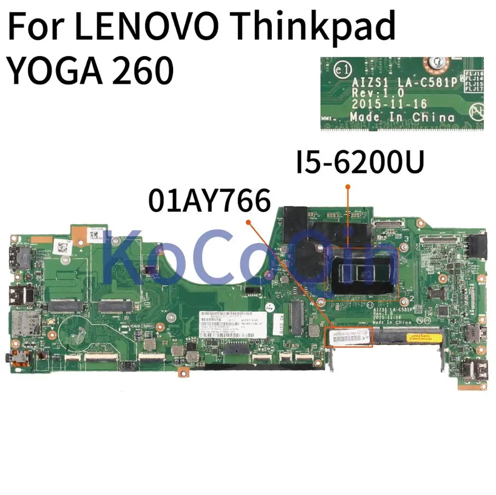 buy  KoCoQin Laptop motherboard For LENOVO Thinkpad YOGA 260 SR2EY I5-6200U Mainboard AIZS1 LA-C581P 01A