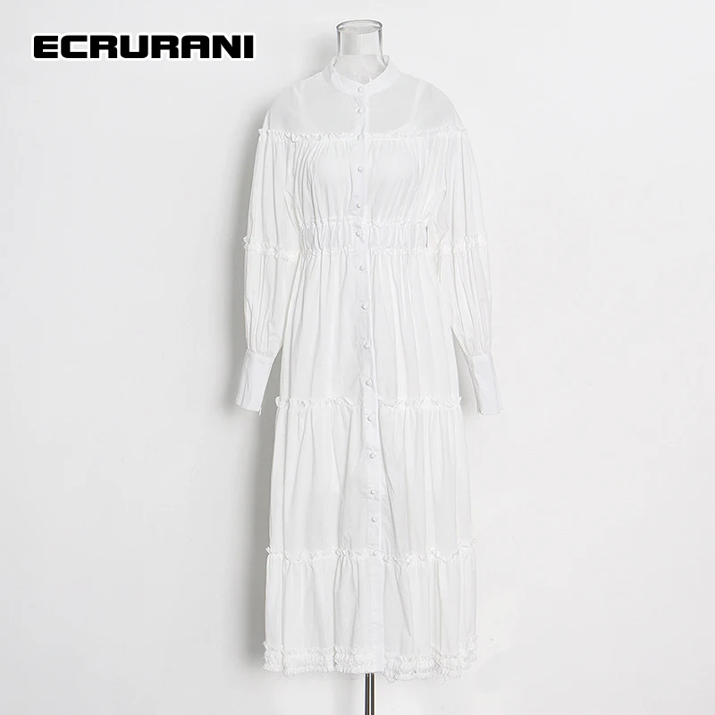

ECRURANI White Casual Maxi Dresses For Females High Waist Long Sleeve High Waist Slimming Womens Solid Dress 2021 Autumn Stylish