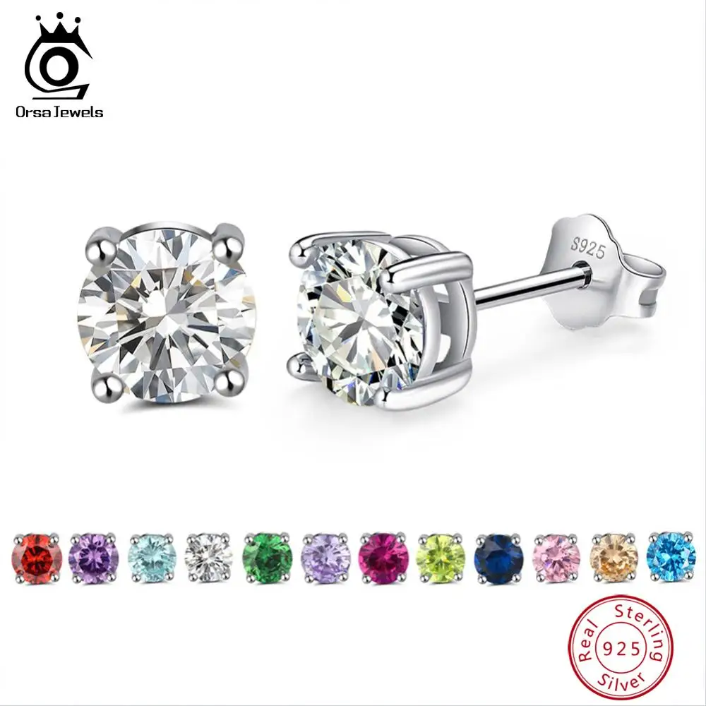 ORSA JEWELS 925 Sterling Silver Birthstone Earrings For Women AAA Cubic Zircon 14 Colors Stud Earring Fine Silver Jewelry OSE84