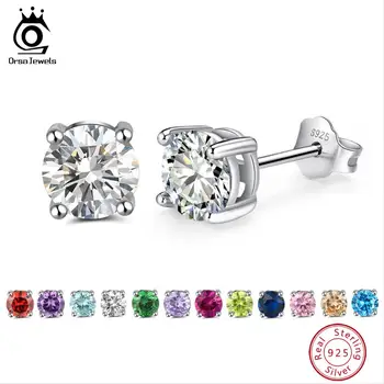 ORSA JEWELS 925 Sterling Silver Birthstone Earrings For Women AAA Cubic Zircon 14 Colors Stud Earring Fine Silver Jewelry OSE84