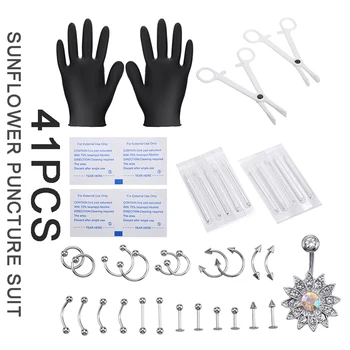 

41Pcs Body Piercing Clamp Tool Kit Ear Nose Navel Nipple Needles Set For Lip Tongue Belly Button Body Ring Tattoo