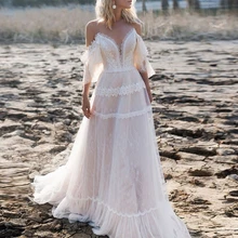 Перекрещивающиеся бретельки с рукавами-бабочками, кружевные свадебные платья цвета шампанского, богемное модное свадебное платье