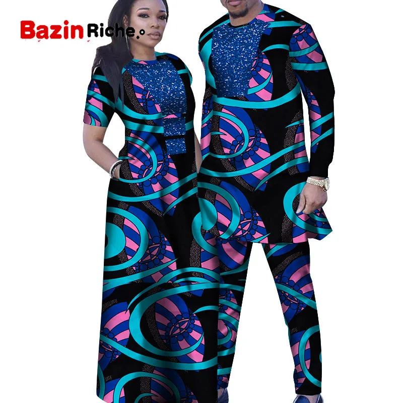 Африканские платья для женщин Базен мужские рубашки и брюки наборы Lover свитшот для пар принт пряжа платье Африканский дизайн одежда WYQ286