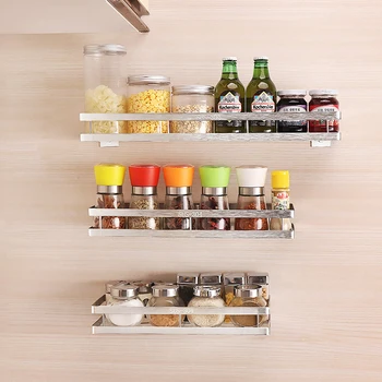 

Wall Mounted Punch Free Storage Holder Stainless Steel Kitchen Seasoning Rack Shelf Bathroom Toiletries Holder Home Organization