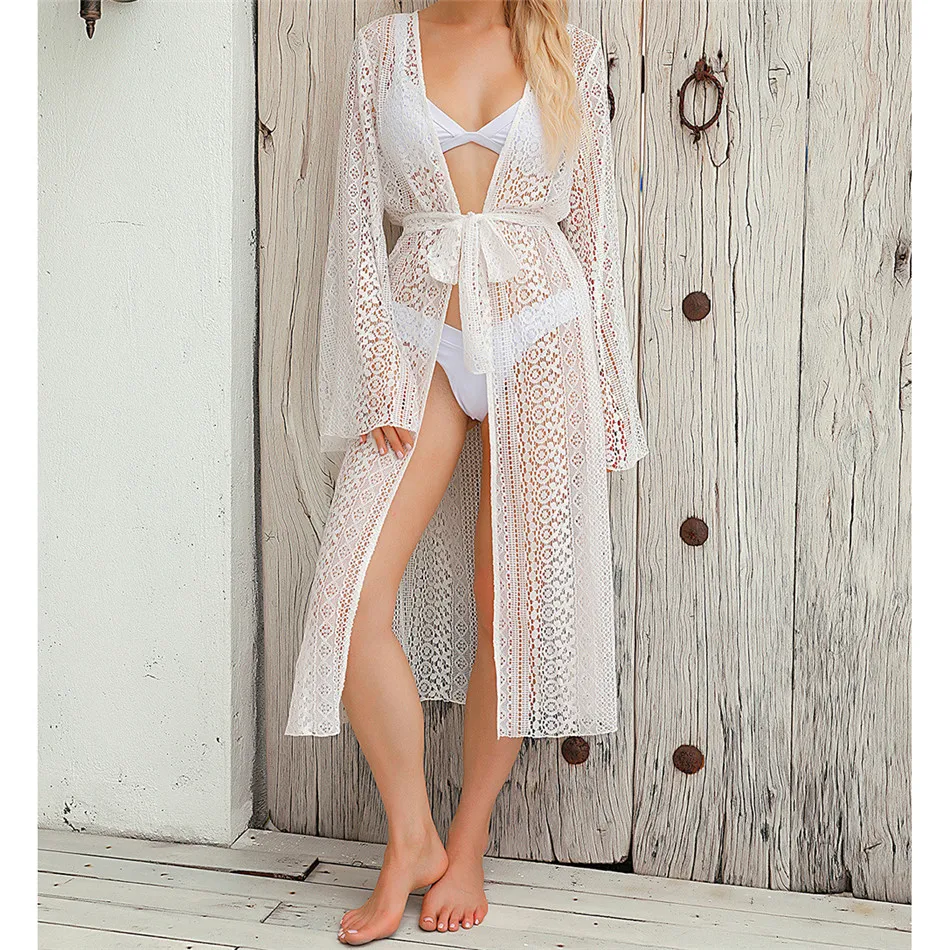 CHYAOWU0130 Hollow out Long Sleeve Women Beach Swimsuit Women's Dresses Solid Beach Cover Up Dress Sexy Beachwear Beach Outing