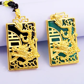 

Fashion Gold-plated Chalcedony Dragon Pendant Necklace Chinese Hand-Carved Relax Healing Women Man Luck Amulet Sweater Chain