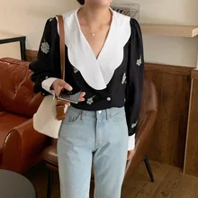 

Korean Fashion Y2k Cottagecore Vintage Women's Tshirts Elegant V-neck Spliced Print Embroidery Loose Long Sleeve Summer Clothes