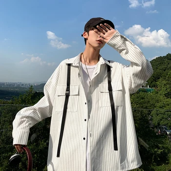 

2019 Spring And Autumn New Fashion Casual Striped Long Sleeve Shirt Men's Loose Pointed Collar Jacket Black/White M-2XL