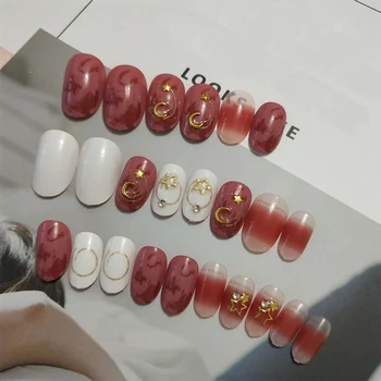 

24Pcs/set Women Nails Patch Korea Fake Nails Finished Short Nails Durable Waterproof Blooming with Rhinestone Fake Nail