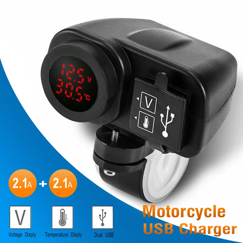 

12V-30V Motorcycle Phone Charger Digital Display Dual USB Charger Voltmeter Thermometer for Cell Phone for Motorcycle Racing