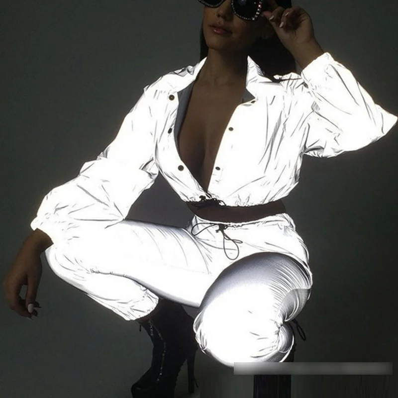 Женский сексуальный светоотражающий спортивный костюм ночная версия пуговицы отложной воротник с длинным рукавом укороченный топ +