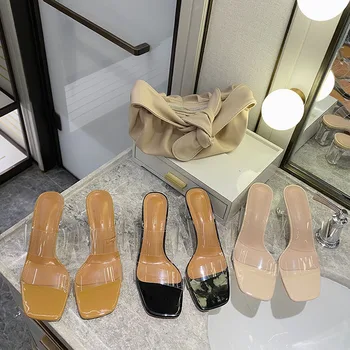 

Low Transparent Slippers Shoes Woman 2020 Women Heels Square heel Pantofle Glitter Slides Fashion High Summer Block New Jelly