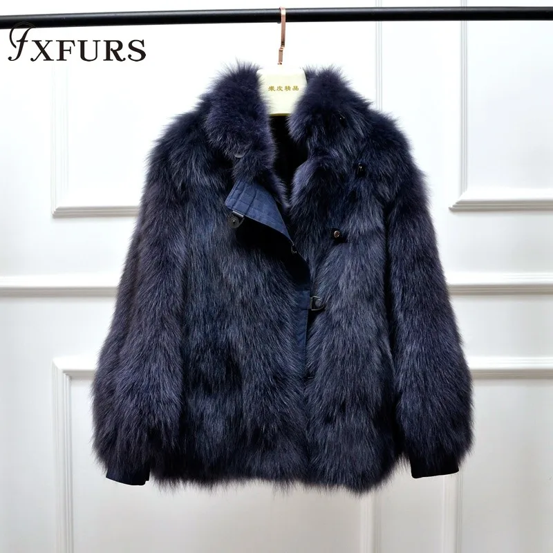 blue FXFURS Новое Женское пальто из лисьего меха зимняя мода jexxi высокое качество с лисьим мехом кожаный воротник - Цвет: blue