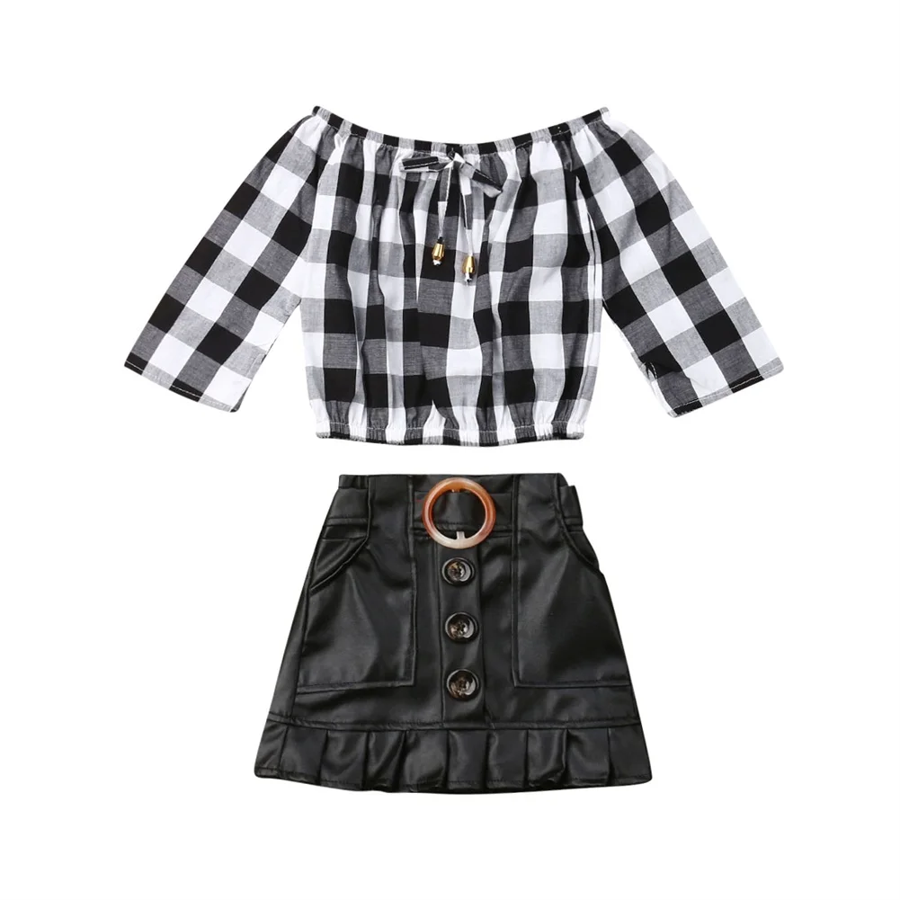 Юбки для маленьких девочек; одежда; модная футболка в клетку; шифоновый топ с длинными рукавами+ черные кожаные юбки; Детские платья; комплект одежды; 2-7Y